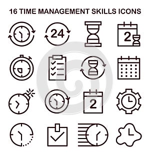 Time management icons set. Character with self-discipline. Planning