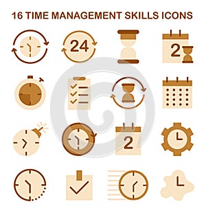 Time management icons set. Character with self-discipline. Planning