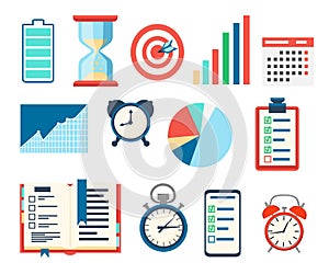 Time management icons set. Charts analysis and optimization goal, schedule, battery, indicators, calendar. Vector illustration iso