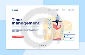 Time management landing page. Man sitting on hourglass with books, effective work organization, planning, productivity