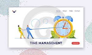 Time Management Landing Page Template. Business Characters Trying to Stop or Slowdown Time Pulling Alarm Clock Arrows