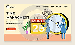 Time management landing page template. Businesswoman characters doing organization and planning