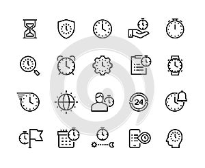 Time management line icons. Stopwatch, alarm and hourglass thin vector symbols. Timekeeping and business efficiency
