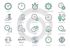 Time management line icons. Vector illustration include icon - deadline, stopwatch, hourglass, metronome, delay