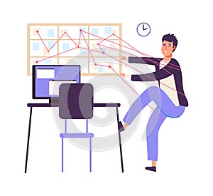Time management. Man organized work, inefficiency task board. Manager tired, unorganized schedule vector illustration photo