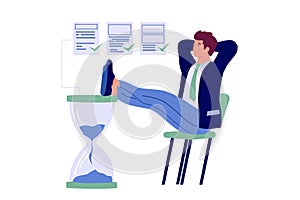 Time management. Man resting at work, achieving goal successful organization. Business people planning office work and