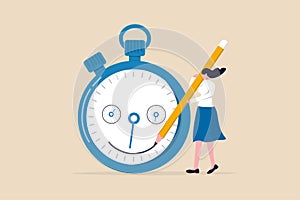 Time management, manage project deadline, improve work efficiency or productivity to finish project on time concept,  happy