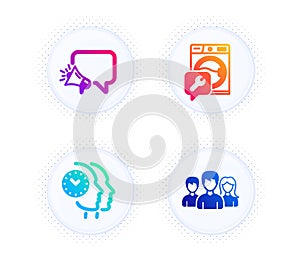 Time management, Megaphone and Washing machine icons set. Teamwork sign. Vector