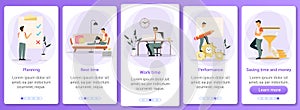 Time management onboarding mobile app screen vector template. Workflow organization. Manager planning work day. Walkthrough