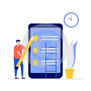 Time management and organization vector illustration concept with characters. Man using mobile for planning. Modern flat style for