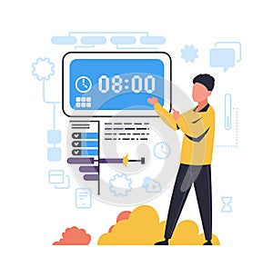 Time management. Organization of work processes concept. Man points to timepiece. Timetable control. Workflow