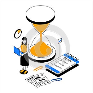 Time management. People organize productive work and effective task schedule. Hourglass and goals planner. Deadline