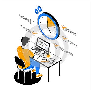 Time management. People organize productive workflow and effective schedule. Man working at computer. Completed task