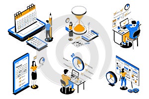 Time management. People organize productive workflow and effective schedule. Men or women successfully complete