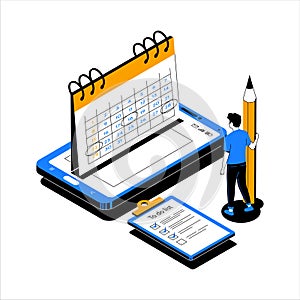 Time management. People organize productive workflow and effective schedule. Month calendar. Man planning multitasking