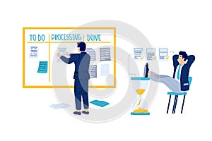 Time management. People planning office work and strategy. Tasks priority and agenda control. Kanban and hourglass. Schedule