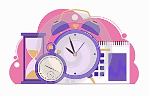 Time management. Planning. Clock, hourglass, alarm clock, calendar and stopwatch. Web banner. Flat illustration