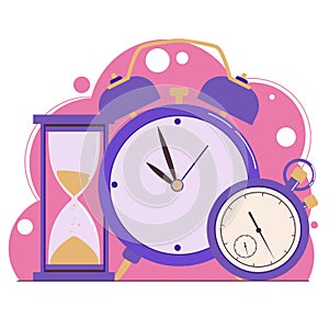 Time management. Planning. Clock, hourglass, alarm clock and stopwatch. Web banner. Flat illustration