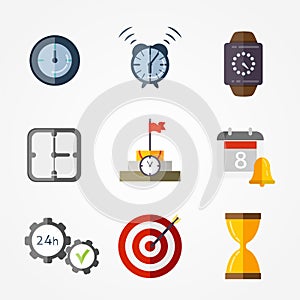 Time management planning and control. Clock, timer, speed, alarm, restore, calendar. Vector flat illustrations set.