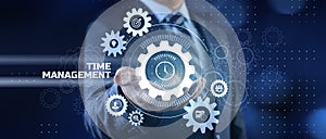Time management planning productivity business concept. Businessman pressing button