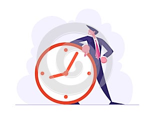 Time Management, Procrastination in Business Process Concept. Businessman Stand at Huge Clock