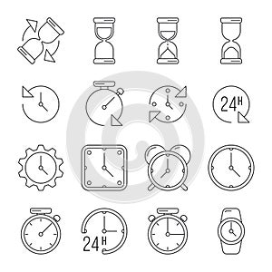 Time management, sand clock, 24 hours thin line vector set
