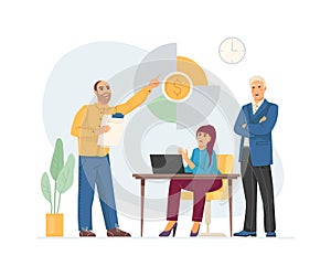 Time management. Scheduling working tasks, business workflow optimization, teamwork on joint task.Business team discussing