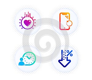 Time management, Smartphone recovery and Love icons set. Low percent sign. Work time, Phone repair, Heart. Vector