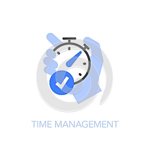 Time management symbol with a human hand holding a stopwatch and check mark