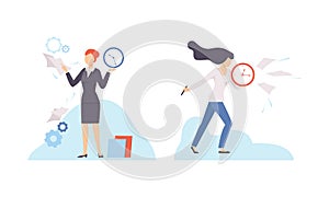 Time Management and Task Planning with Young Woman with Clock Organizing His Timeline Vector Set