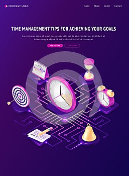 Time management tips isometric landing page banner