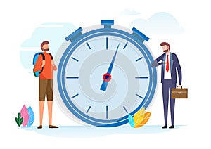 Time management. Vacation or work concept. Work hard, Holidays time, recreation, travel, relaxation. business Flat cartoon