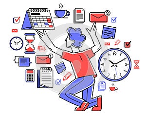 Time management vector outline illustration, worker planning deadline and prioritize tasks, business productiveness agenda, zero