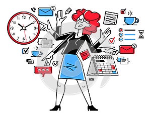 Time management vector outline illustration, worker planning deadline and prioritize tasks, business productiveness agenda, zero