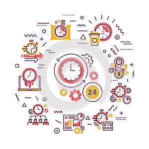 Time management web banner. Planning and control of working and personal time. Infographics with linear icons on pink background.