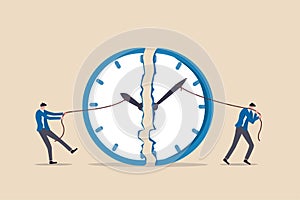 Time management, work deadline or planning for working time concept, businessman using rope to pull minute and hour hand to break