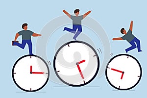 Time management, work schedule and deadline. businessmen riding rolling clock face with confidence skillful man in the middle