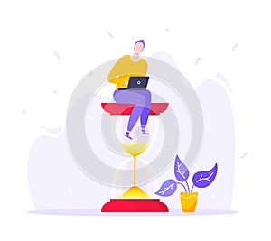Time managemet business concept. Happy young adult man sitting on hourglass and working on his laptop.