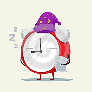The Time Mascot is holding a pillow. Isolated Vector Illustration