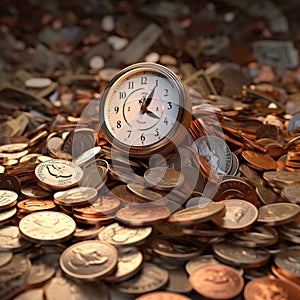 Time is Money Analog Clock on Pile of Coins