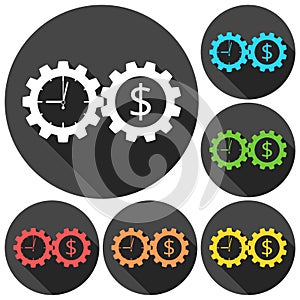 Time is money, Business gears concept icons set with long shadow