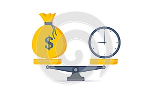 Time is money. Clock and dollar bag a balance scale. Financial concept .Time value of money asset growth over time