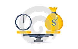 Time is money. Clock and dollar bag a balance scale. Financial concept .Time value of money asset growth over time