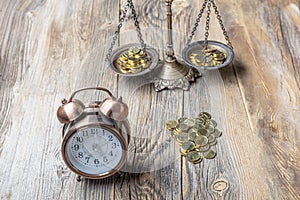 Time is Money Concept Clock and Currency scales on a Two Pan Balance. Time is money