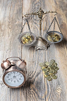 Time is Money Concept Clock and Currency scales on a Two Pan Balance. Time is money