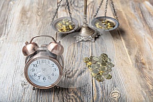 Time is Money Concept Clock and Currency scales on a Two Pan Balance. Time is money