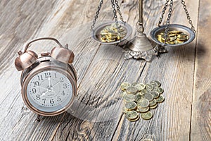 Time is Money Concept Clock and Currency scales on a Two Pan Balance. Time is money