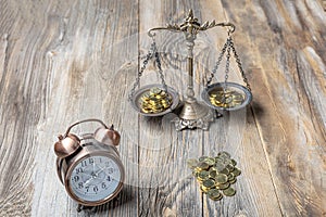Time is Money Concept Clock and Currency scales on a Two Pan Balance. Time is money