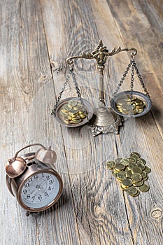 Time is Money Concept Clock and Currency scales on a Two Pan Balance. Time is money