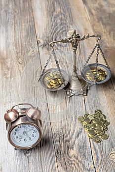 Time is Money Concept Clock and Currency scales on a Two Pan Balance. Time is money